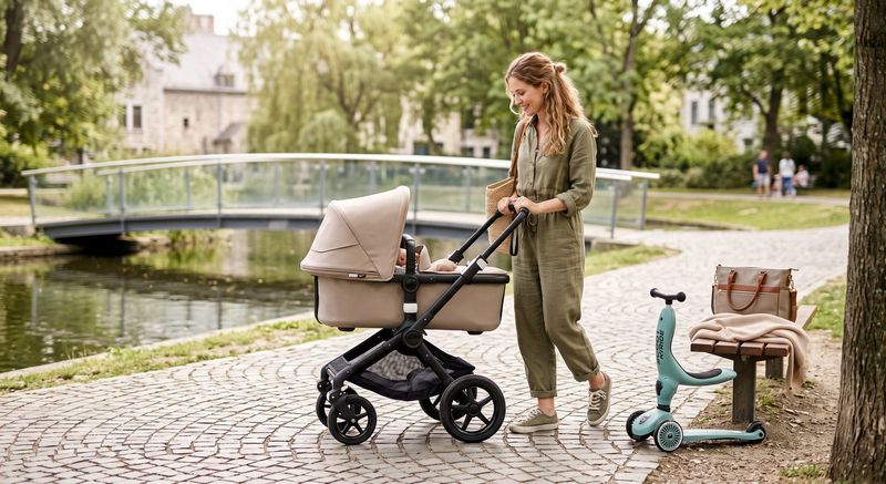 A parent pushing a pram along a cobbled path beside a canal, a child's scooter parked next to a bench