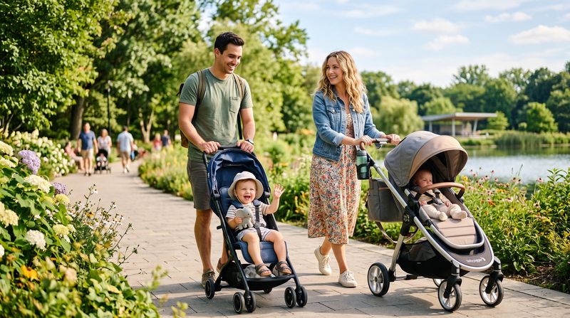 Two parents walking a lakeside park path, each pushing a stroller, a toddler waving from the front seat